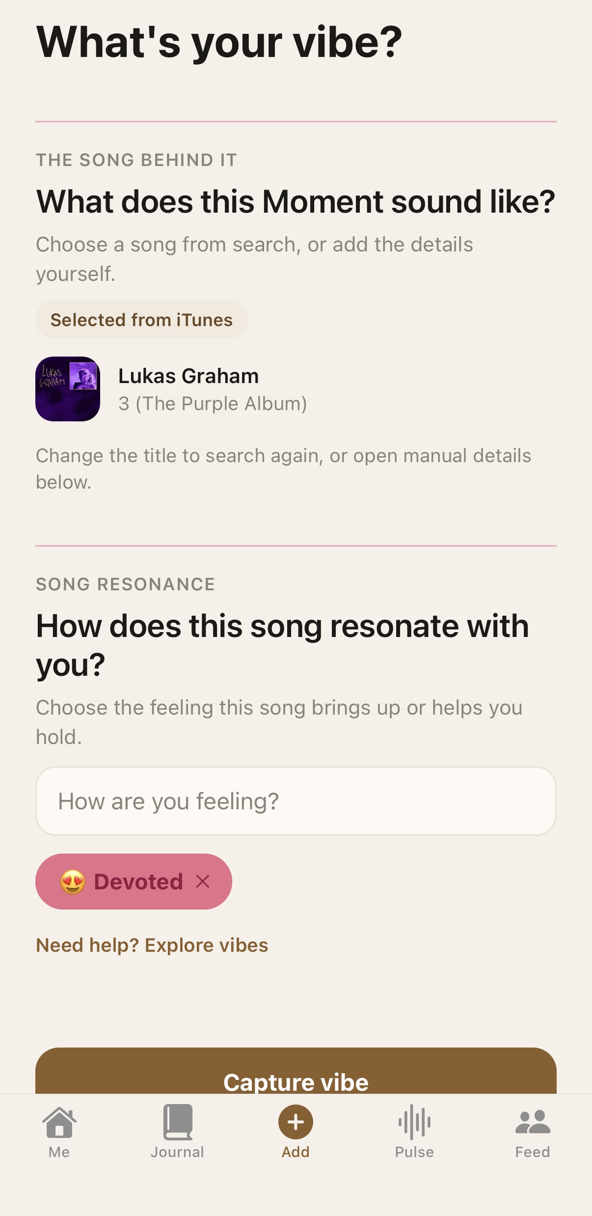Humboldt Add screen for choosing a song and feeling to capture a Moment