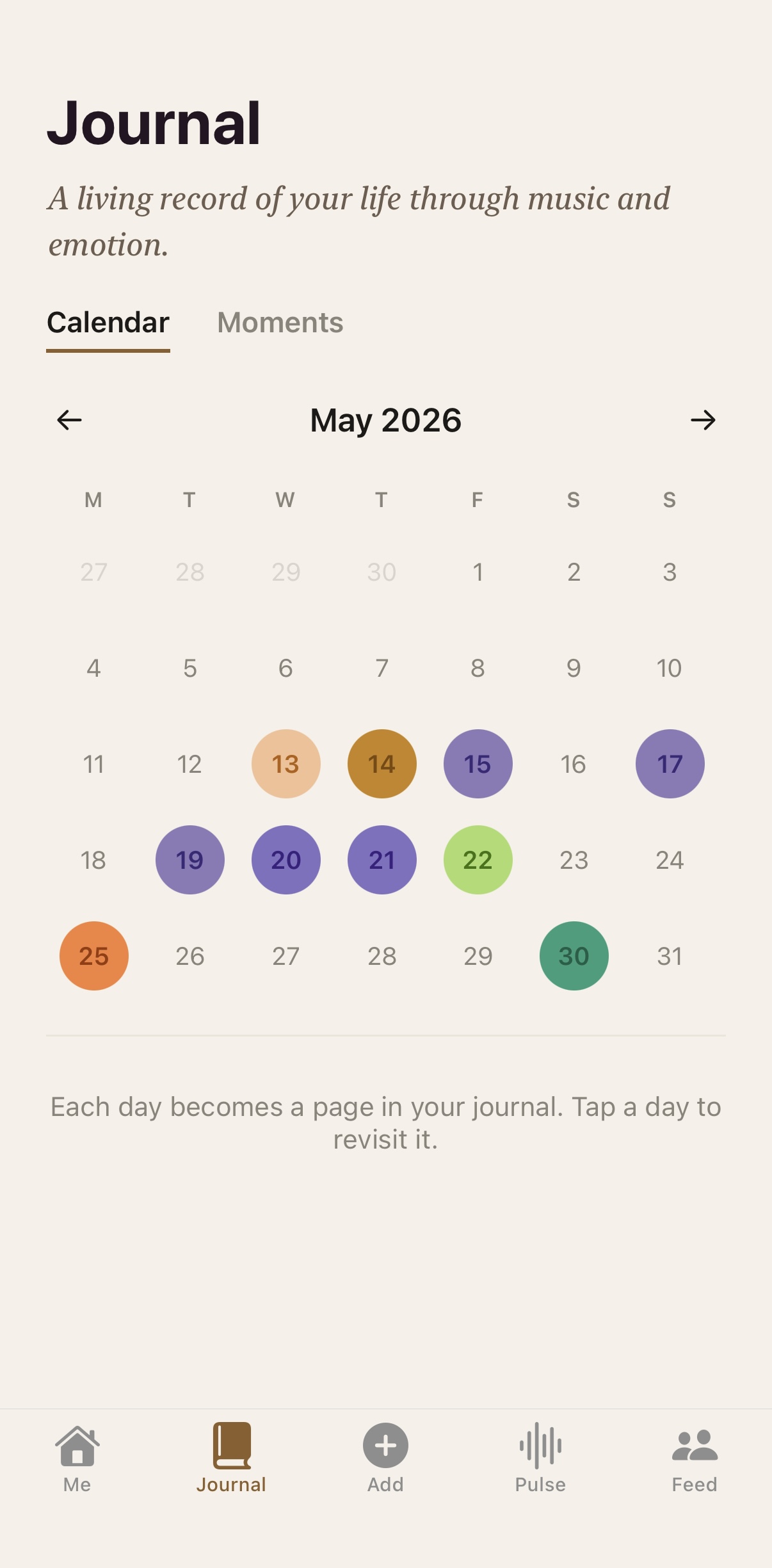 Humboldt Journal screen showing a calendar of captured Moments