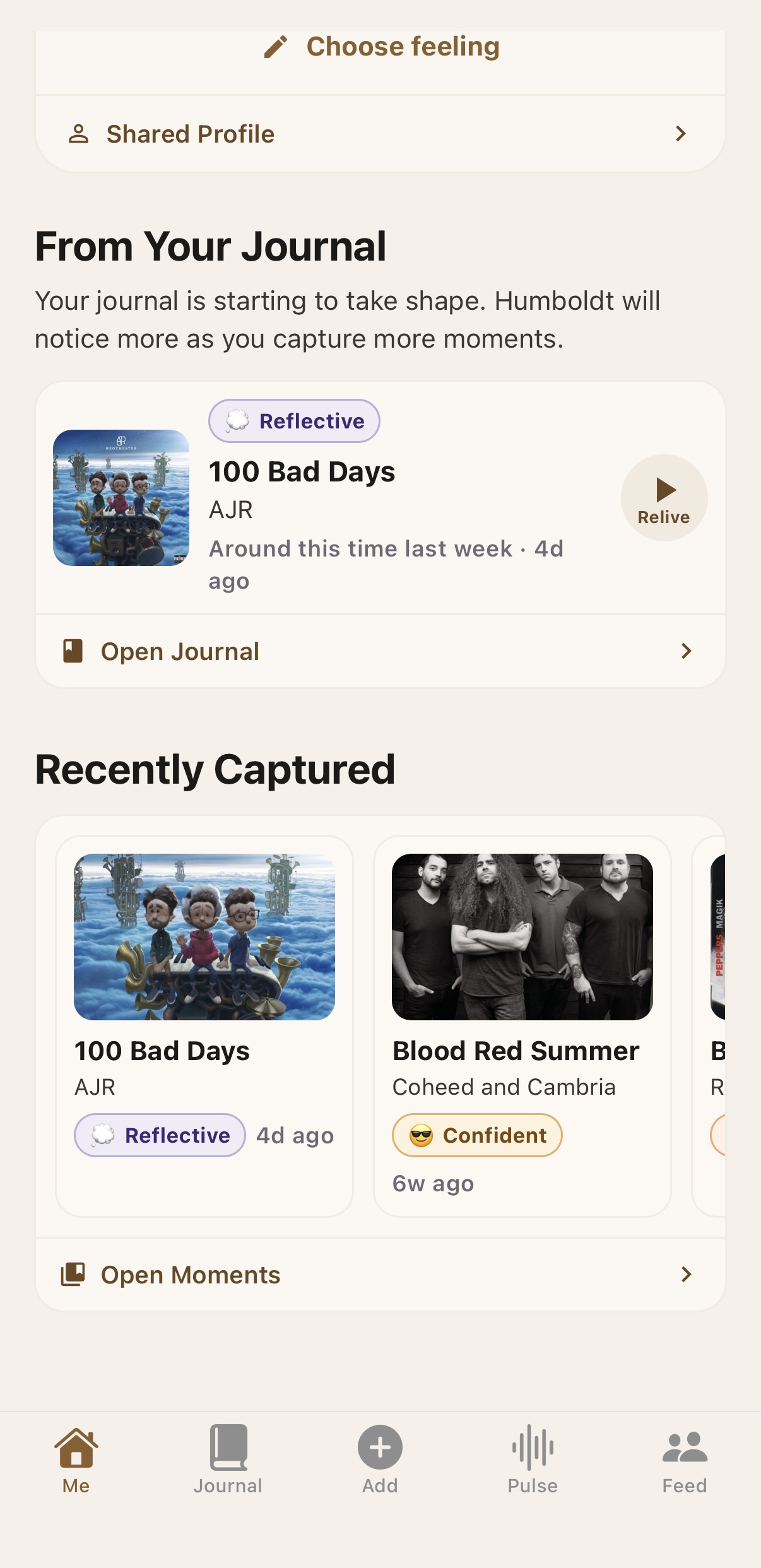 Humboldt Me screen showing saved journal Moments to revisit
